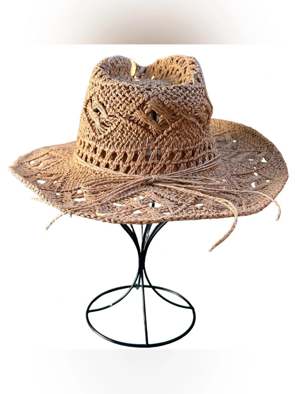 Handwoven straw cowgirl hat in tan